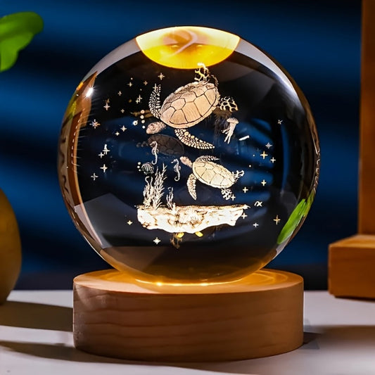 3D Sea Turtle Crystal Ball Night Light – LED Color Glow Glass Orb Lamp with Bamboo Base, Ocean Animal Figurine Desk Light for Home Bedroom Decor, Unique Gift for Turtle Lovers, Elders & Friends (2.36in)