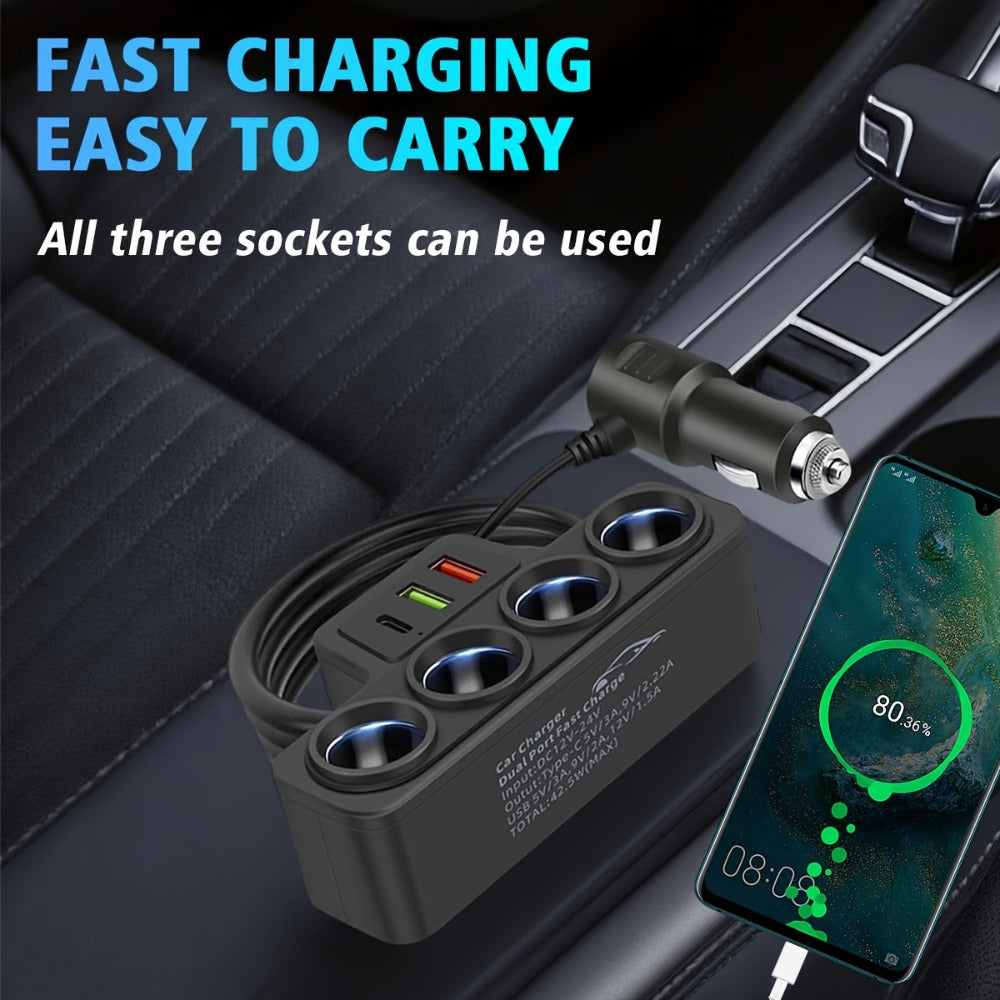 120W 7-in-1 Car Charger with Atmosphere Light – Super Fast Charging Dual PD QC 7 Ports USB Car Plug Adapter for iPhone 16 15 14 13 12 11 Samsung Galaxy S25 S24 Android – Multi-Device Car Charging Hub