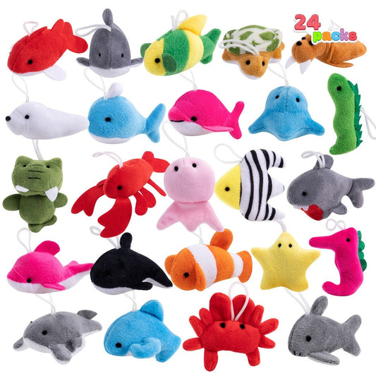 Mini Sea Animal Plush Keychains Bulk 24-Pack, Party Favor Toy Set
