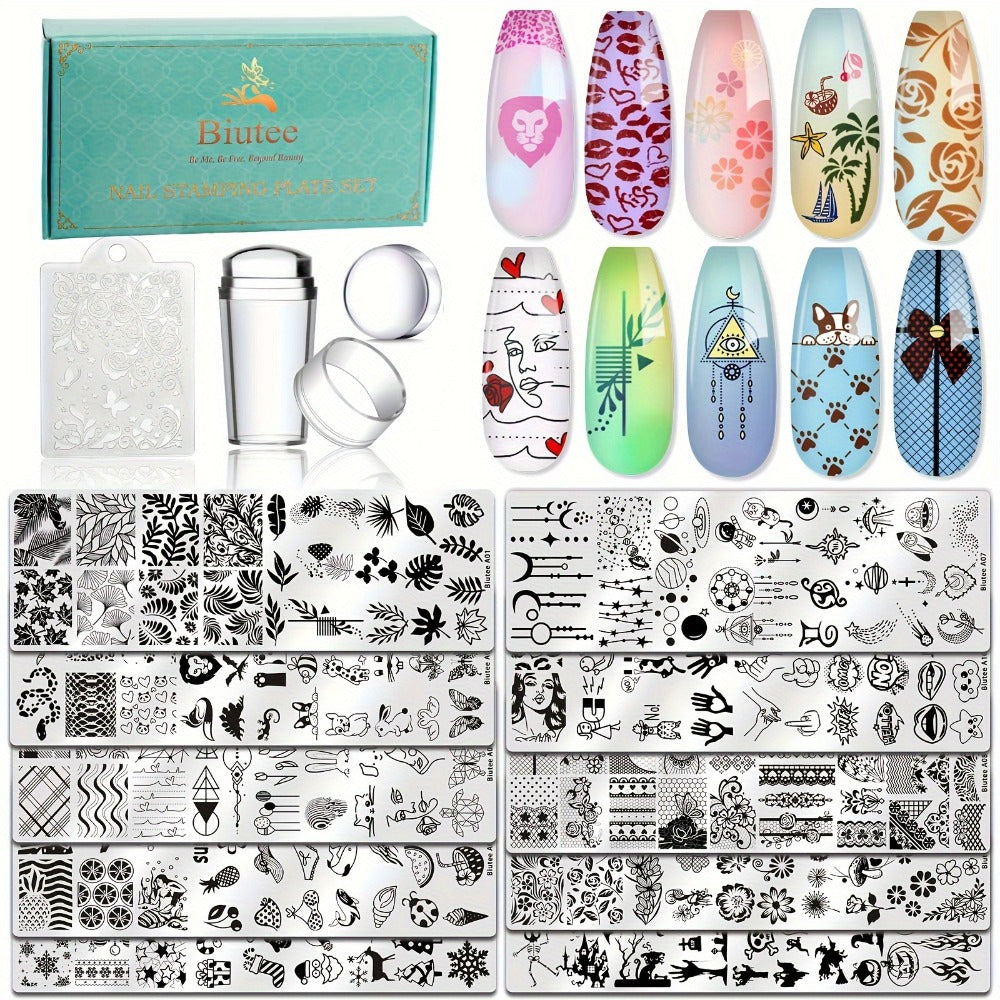 Nail Stamping Plates Set with Stamper & Scraper - Stainless Steel Nail Art Stamp Kit for Beginners & Pros, 14/15/26pcs Holiday Manicure Design Bundle, Christmas Birthday Gift