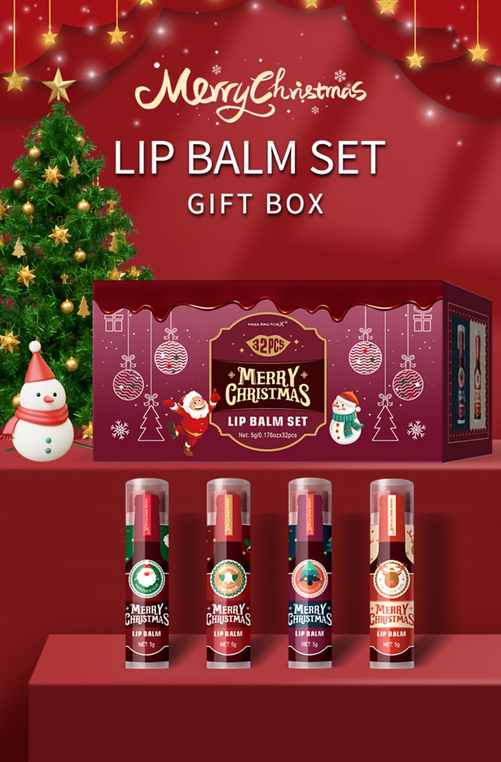 Christmas Lip Gloss & Balm Set 32 Pcs — MISS FACTOR Holiday Gift, Long-Lasting Hydrating Smudge-Proof Formula, Lipstick-Like Tubes, Festive Stocking Stuffer for Women Girls & Beauty Lovers