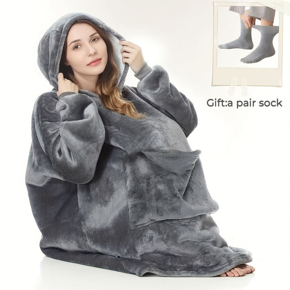 Wearable Hooded Blanket – Reversible Oversized Sherpa Throw with Kangaroo Pocket & Socks, Machine Washable, Christmas Gift, 4 Styles