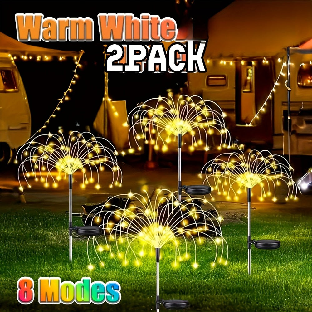 Solar Firework Stake Lights Outdoor 2 Pack - Touch Control Dimmable Starburst Ground Lights Warm White & Colorful 120 to 840 LEDs for Garden Pathway Lawn Party Wedding Christmas Halloween Decoration