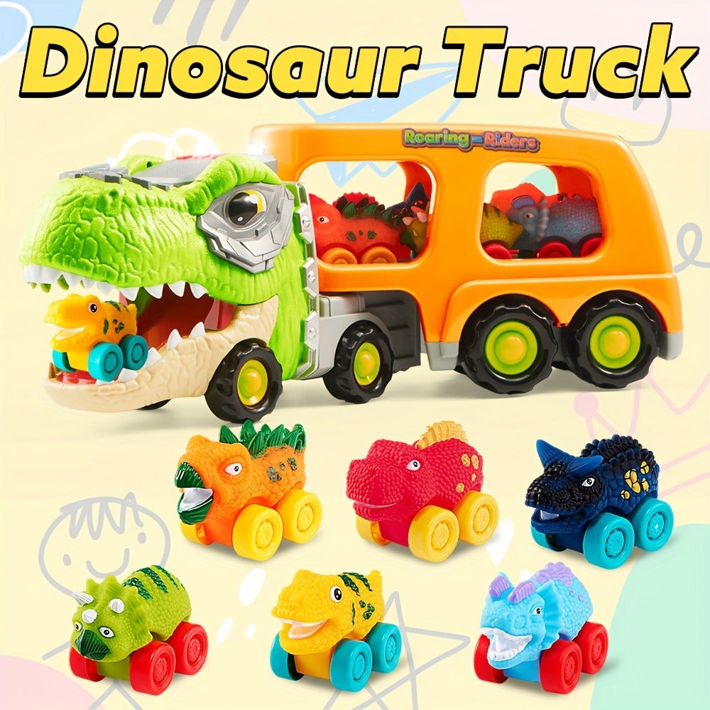 T-Rex Carrier Truck Toy – Dinosaur Transport Truck with 6 Mini Dino Cars, Ramp, Lights & Sound
