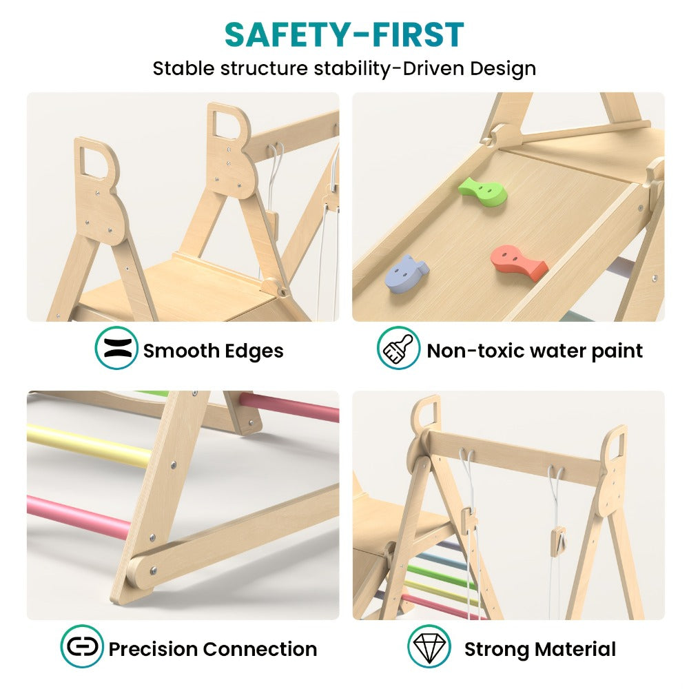 Foldable Indoor Wooden Jungle Gym for Toddlers – 4-in-1 Climbing Frame with Swing, Slide & Ladder | Ages 18M+ | Rainbow & Blue | Kids Indoor Playset for Cognitive Development & Active Play