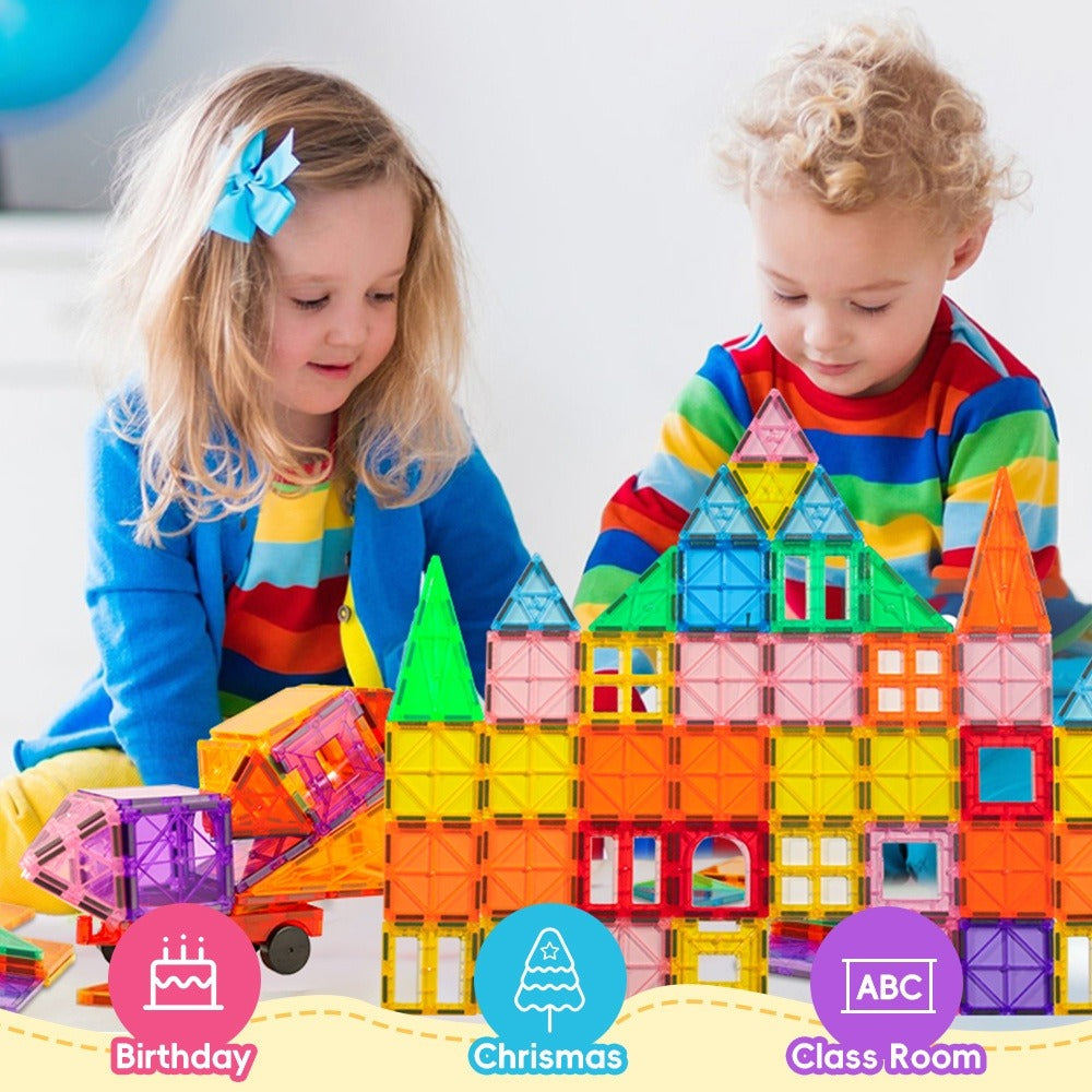 Magnetic Tiles Building Set for Kids Ages 3+, 106-Piece Multicolor with 2 Toy Cars or 136-Piece Basics