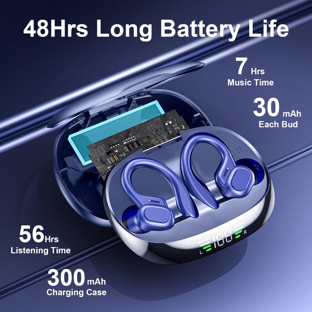 Colorful Sport Earhook TWS Earbuds Bluetooth 5.4 LED Digital Display Charging Case Touch Control Stereo In-Ear Wireless Sport Headset Black Red Blue