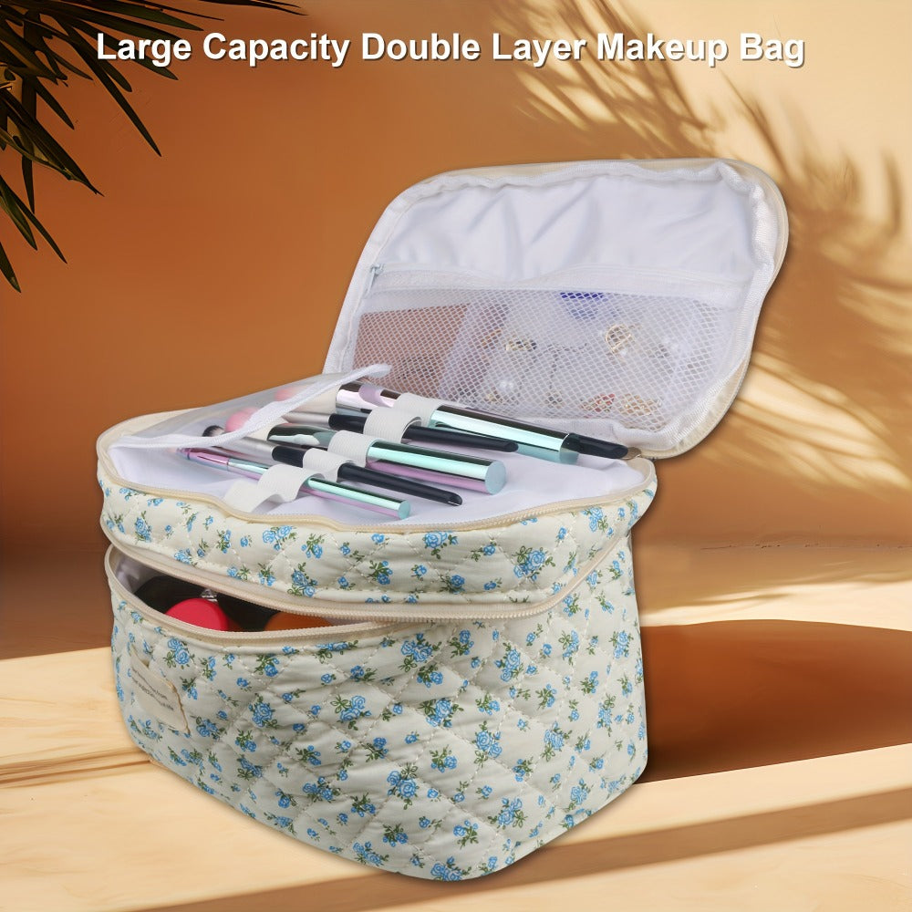 Makeup Bag Set 3 PCS Quilted Cotton Dual Layer Large Capacity Floral Coquette Aesthetic Travel Cosmetic Bag Women Toiletry Organizer Cute Soft Fabric Pouch Blue Pink Purple 6 Styles