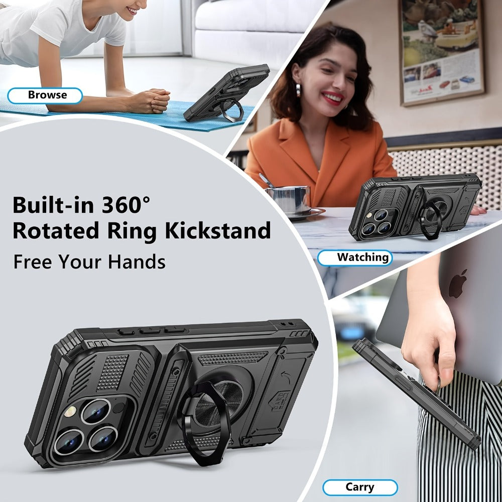 360° Metal Stand iPhone Case with Dual Card Slot Heavy Duty Shockproof Hard Shell Cover for iPhone 16 15 14 13 11 Pro Max Plus 8 7 Series – Rotating Kickstand Wallet Phone Case