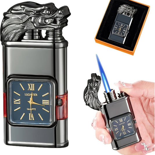 Double Flame Torch Lighter with Zinc Alloy Body and Decorative Quartz Dial, Black in 3 Styles