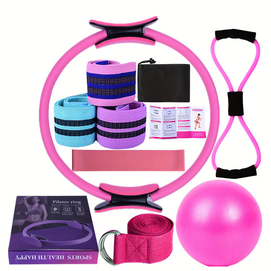 Yoga Fitness Set, 11-Piece Pink Kit with Resistance Bands and Yoga Ball for Home Workouts
