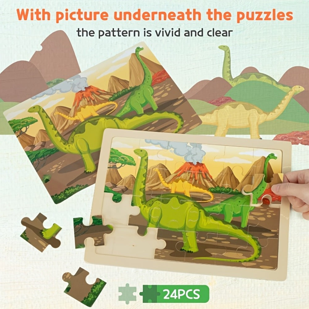 Dinosaur Wooden Jigsaw Puzzle Set for Kids, 4 Puzzles with 24 Pieces Each