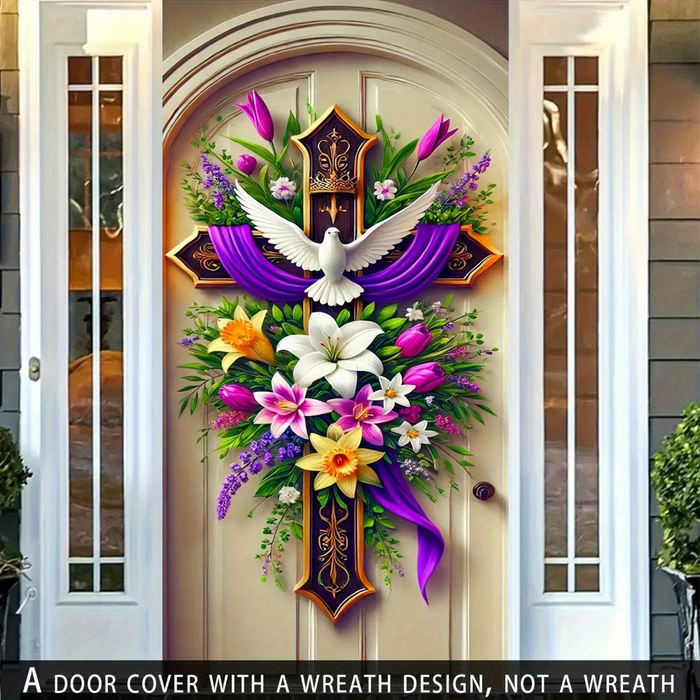 Easter Door Curtain Decoration 35.4x70.8 Inch, Colorful Spring Door Hanging with Dove Floral Cross Pattern, Polyester 2D Flat No-Power Door Curtain Set for Entrance Room Home Party Easter Decor