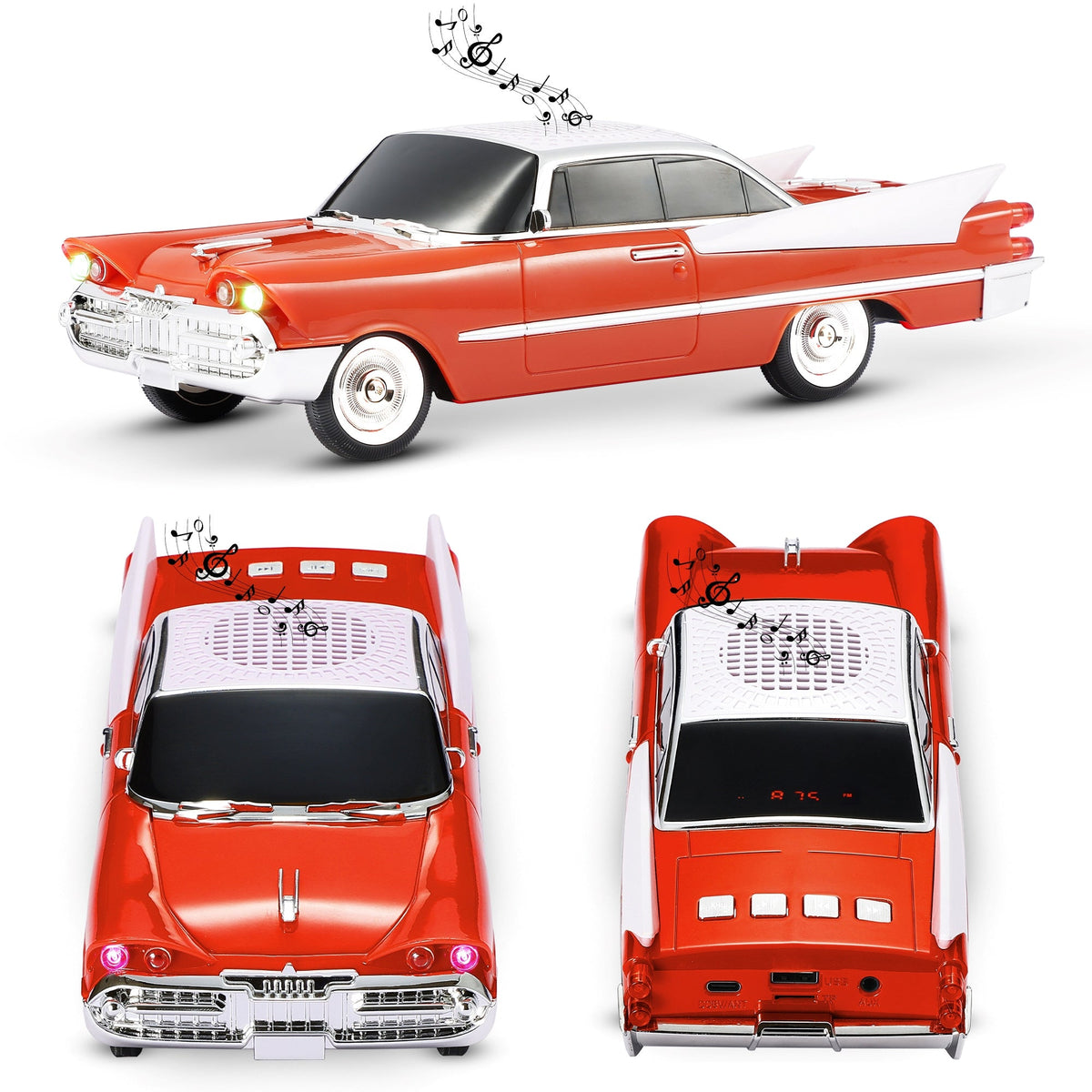 Retro Car Bluetooth Speaker with LED Headlights & Taillights, Fuzix WS-1965 Wireless Portable Stereo Speaker, AUX/USB/TF/FM Radio, Built-in Mic, Rechargeable Battery, Gift for Car Enthusiasts