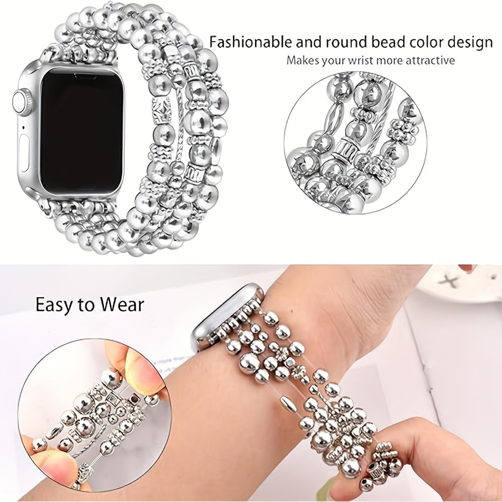 Elastic Beaded Watch Band for Apple Watch Series 1-11 SE Ultra 38mm 40mm 41mm 42mm 44mm 45mm 46mm 49mm Handcrafted No-Buckle Stretch Bracelet Replacement Strap Women Silver Rose Gold Golden
