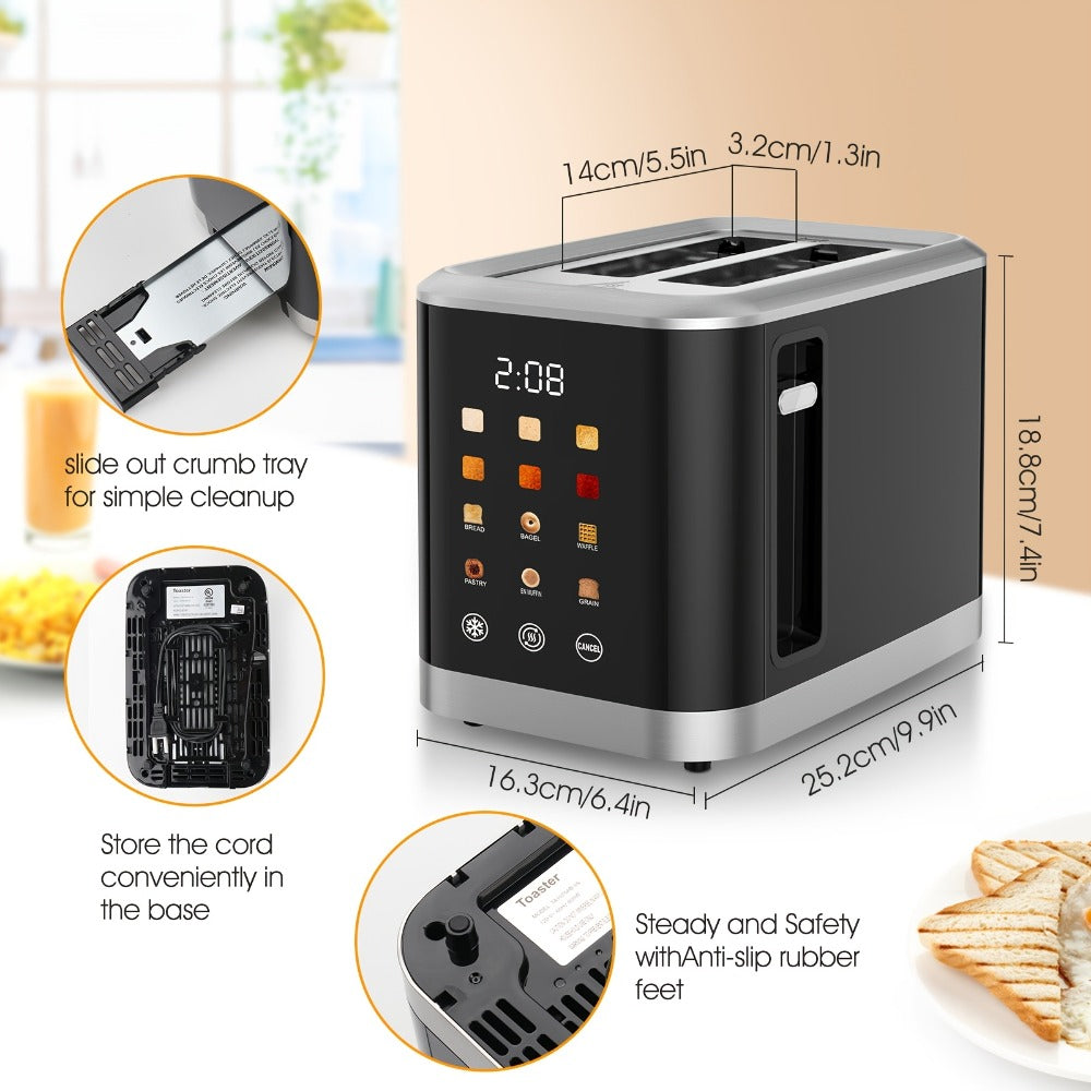2 Slice Toaster with Touch Screen – 1.5" Wide Slot for Bread, Bagels & English Muffins, 6 Bread Types, 5 Toast Shade Settings, Cancel & Defrost Functions