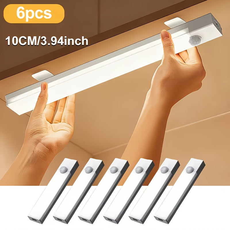 Rechargeable Motion Sensor LED Night Light 6 Pack - 400mAh USB, 3 Brightness Levels, Wireless Stick-On Bar for Cabinet, Stair, Bedroom, Kitchen & Hallway (3.94" / 7.87" / 11.8", 3 or 6 Pack)