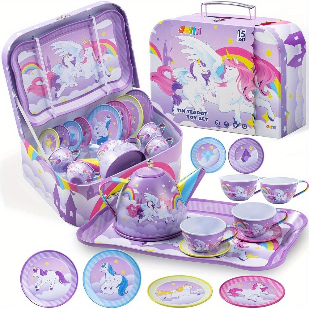 Purple Unicorn Pretend Play Tea Set with Teapot, Cups and Storage Case