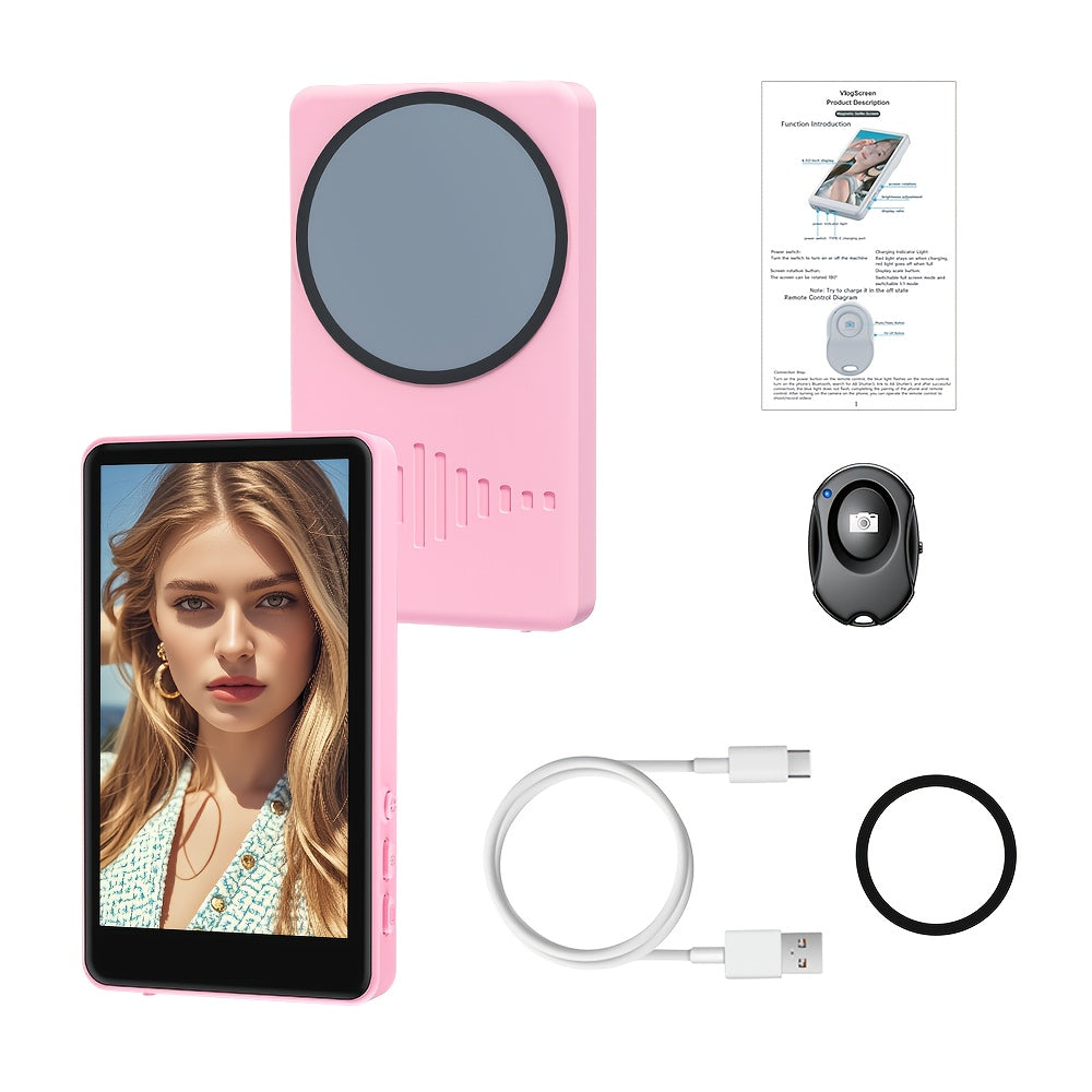 Magnetic Selfie Monitor Screen for Vlogging & Live Streaming – Rear-Facing Main Camera Display for iPhone & Android, High-Resolution Selfie Screen for TikTok, YouTube & Instagram Content Creation