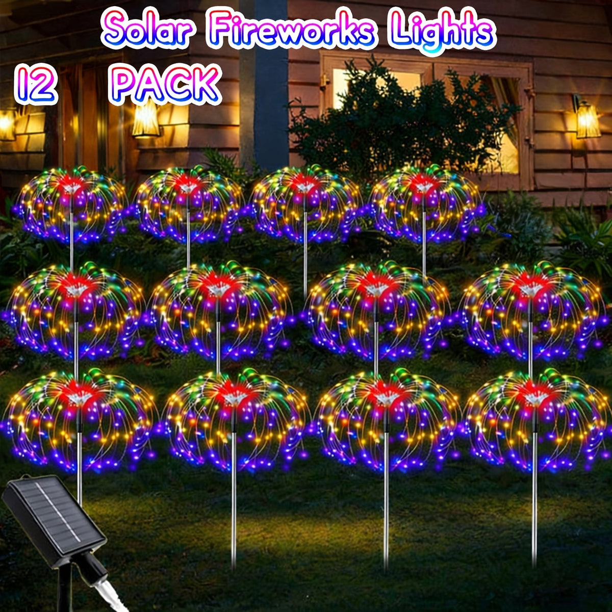 Solar Firework Garden Lights Outdoor 12 Pack 750 LED - 8 Modes Waterproof Starburst Stake Lights for Yard, Pathway, Balcony, Christmas & Holiday Decor, Multicolor or White (4-Pack / 12-Pack)