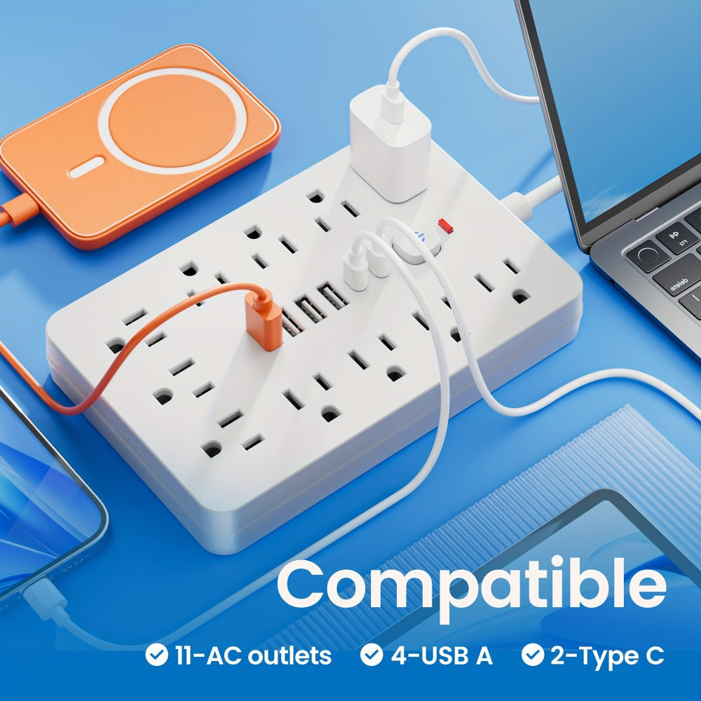 17-in-1 Flat Plug Power Strip with Surge Protector – 11 Spacious AC Outlets & 6 USB Ports (2 USB-C), Overload Protection, Space-Saving Design for Home Office Desk Dorm