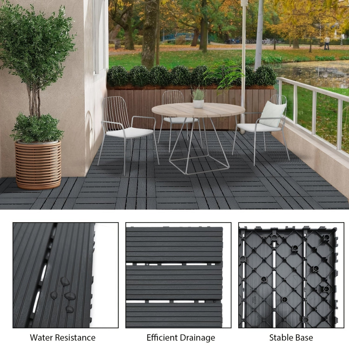 Interlocking Deck Tiles 44pcs 12"x12", Waterproof Outdoor Patio Flooring Tiles, PP Plastic Interlocking Floor Tiles for Balcony Pool Backyard Terrace, Easy Install All-Weather Anti-Slip Deck Tiles Grey