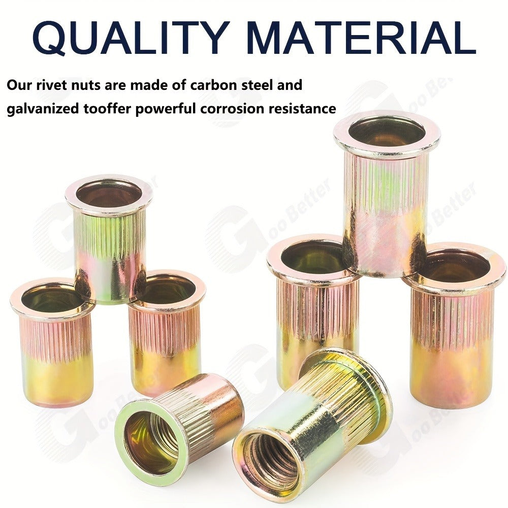 860pcs Rivet Nut Kit SAE UNC Assortment – Zinc Plated Carbon Steel Flat Head Insert Threaded Nuts 7 Sizes with Case for Auto Furniture & Industrial Projects