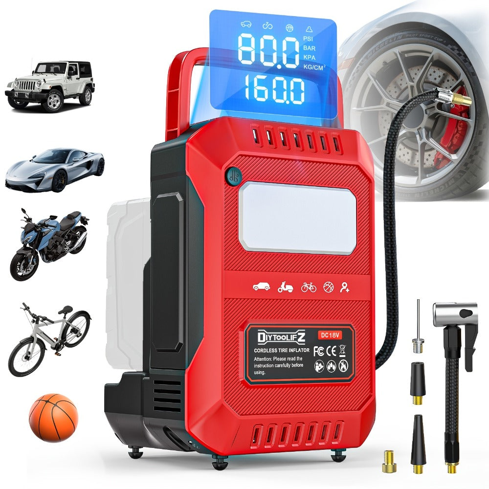 Cordless Tire Inflator 160PSI Portable Air Compressor Compatible with DeWalt 20V / 18V Battery – Digital Pressure Gauge, Fast Inflation for Cars, Motorcycles, Bicycles & Sports Balls (Battery Not Included)