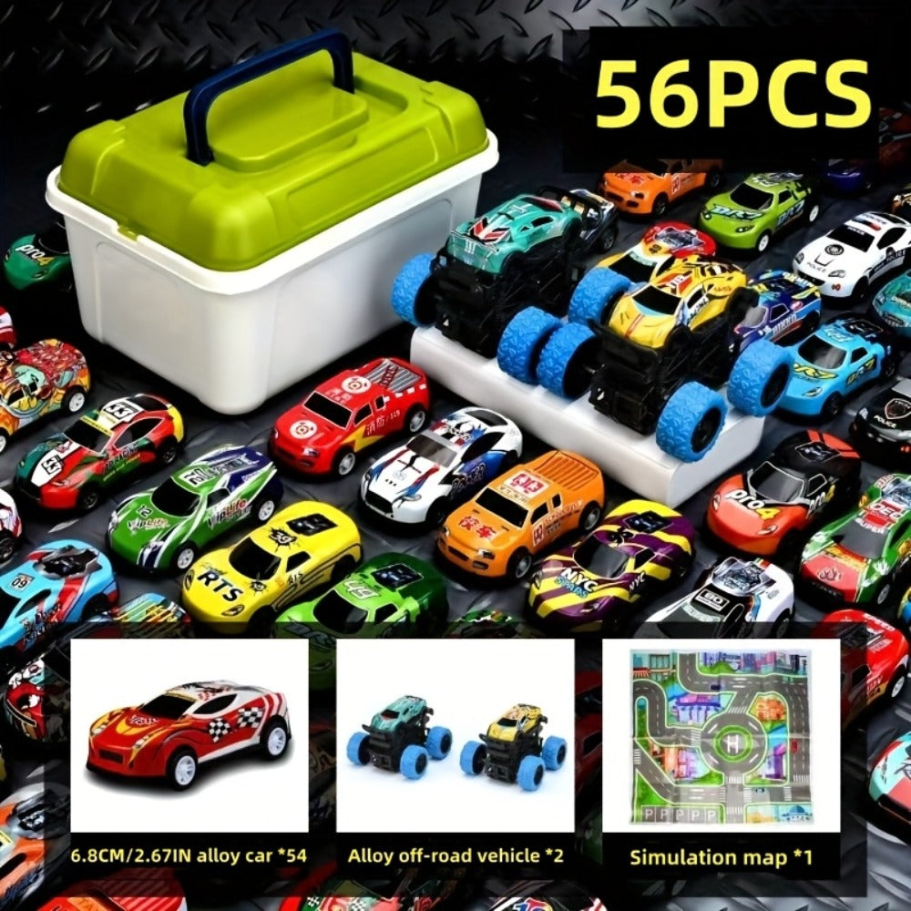 Mini Die-Cast Car Set with 54 Pull-Back Cars, 2 Stunt Cars & Play Mat
