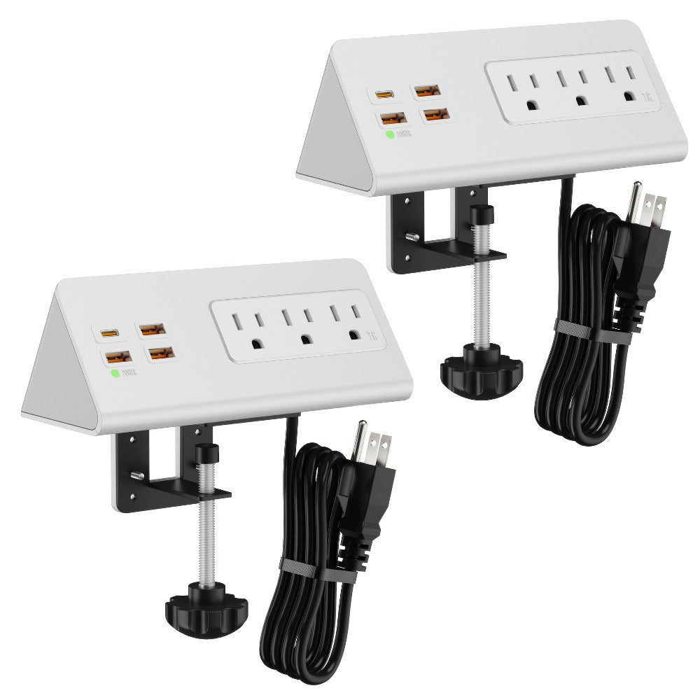 Desk Edge Mount Power Strip 7-in-1 with PD 20W USB-C Fast Charging, Screw & Clamp Mount, 5.6ft Extension Cord, Power Indicator Light – Under-Desk Charging Station for Office, Dorm & Hotel