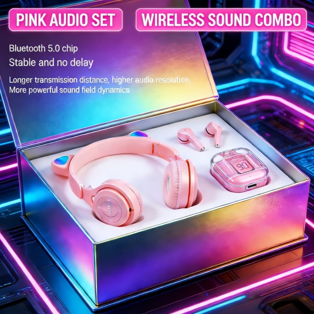 Cute Pink Cat Ear Headphones & Wireless Earbuds Gift Set Bundle LED Glowing Over-Ear Headset Combo for Girls Teens Women Birthday Holiday Back to School