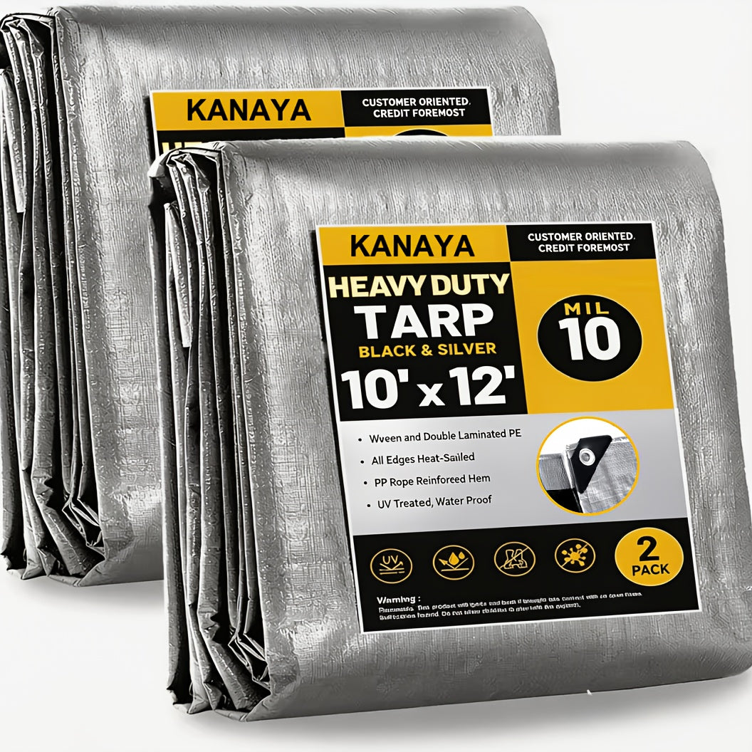 Heavy Duty Waterproof Tarp 2-Pack 10Mil 150GSM Black Silver – Tear-Proof Polyethylene Cover with Reinforced Grommets for Roof Pool Boat Car Camping & Outdoor
