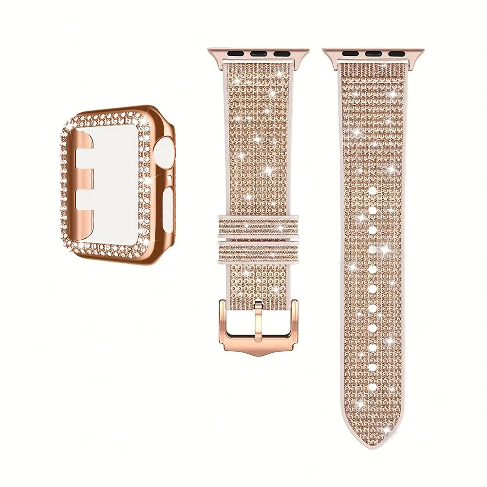 Apple Watch Band with Case Crystal Rhinestone Bling, Chameleon Color-Shift Strap + Shockproof Hard PC Cover, Compatible with Apple Watch Series 1-9 SE Ultra 38mm to 49mm S10 – Rose Gold Black Silver Women