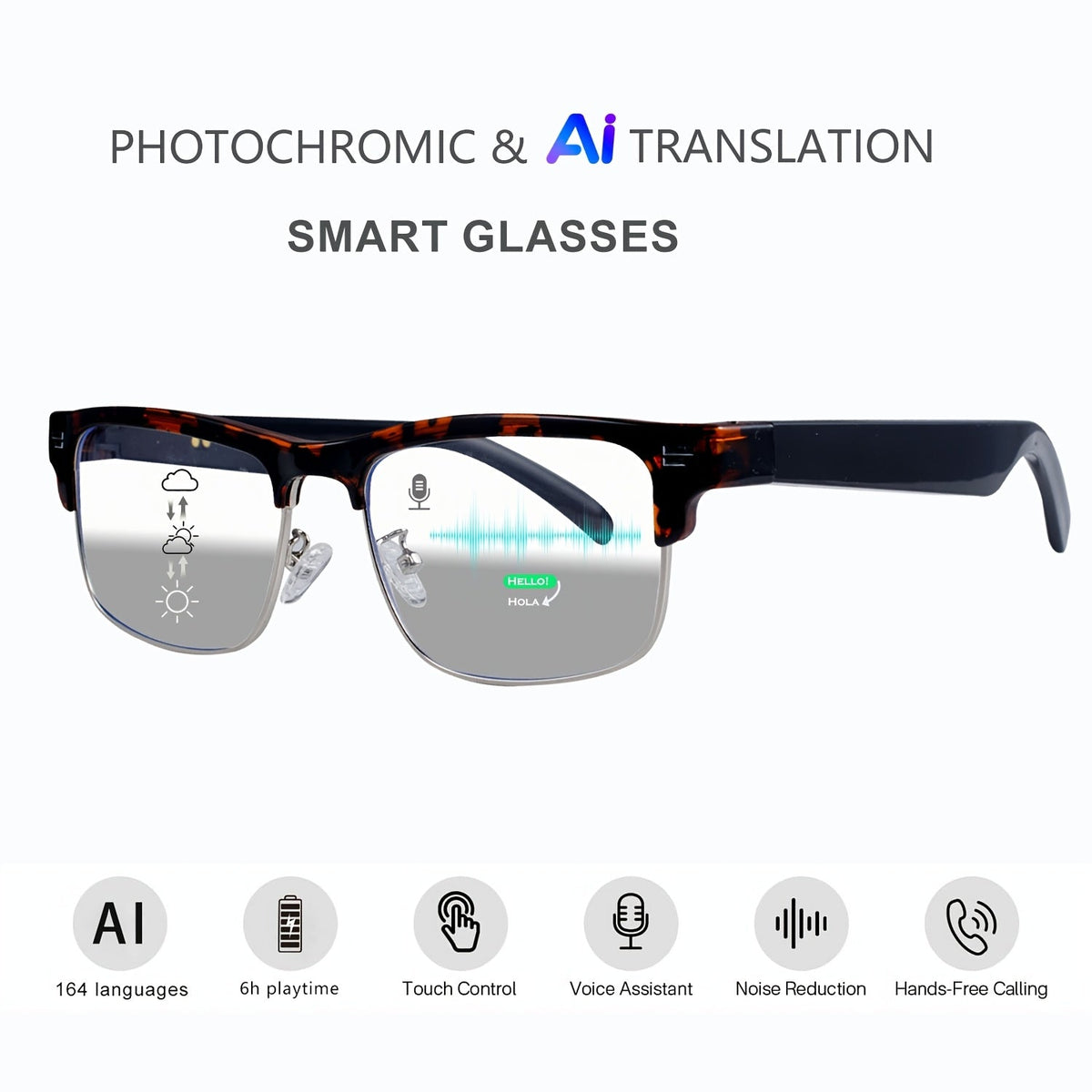 ChatGPT AI Translation Glasses with 160-Language Real-Time Translation, Photochromic Lenses, HiFi Audio & HD Calls – 19 Frame Styles, Unisex Smart Eyewear for Travel & Business