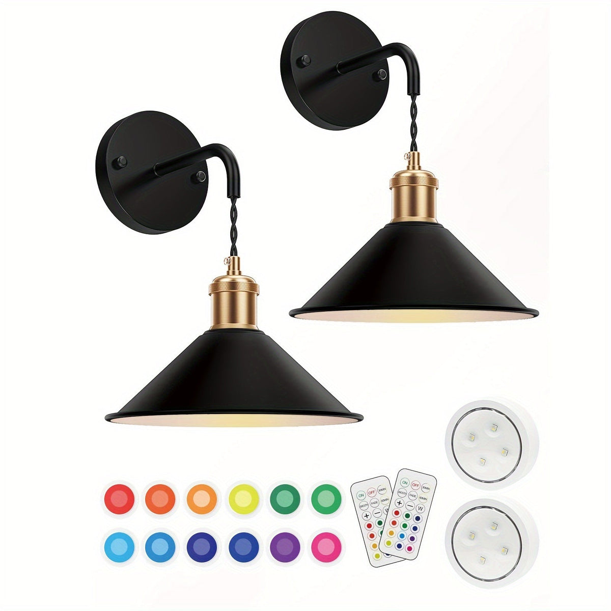 Battery Operated Wall Sconce Set of 2 – RGB Wireless Wall Light, Dimmable with Remote Control, 13 Scene Modes, Timer & Memory Function, No Wiring for Bedroom Living Room Hallway (Black / White)