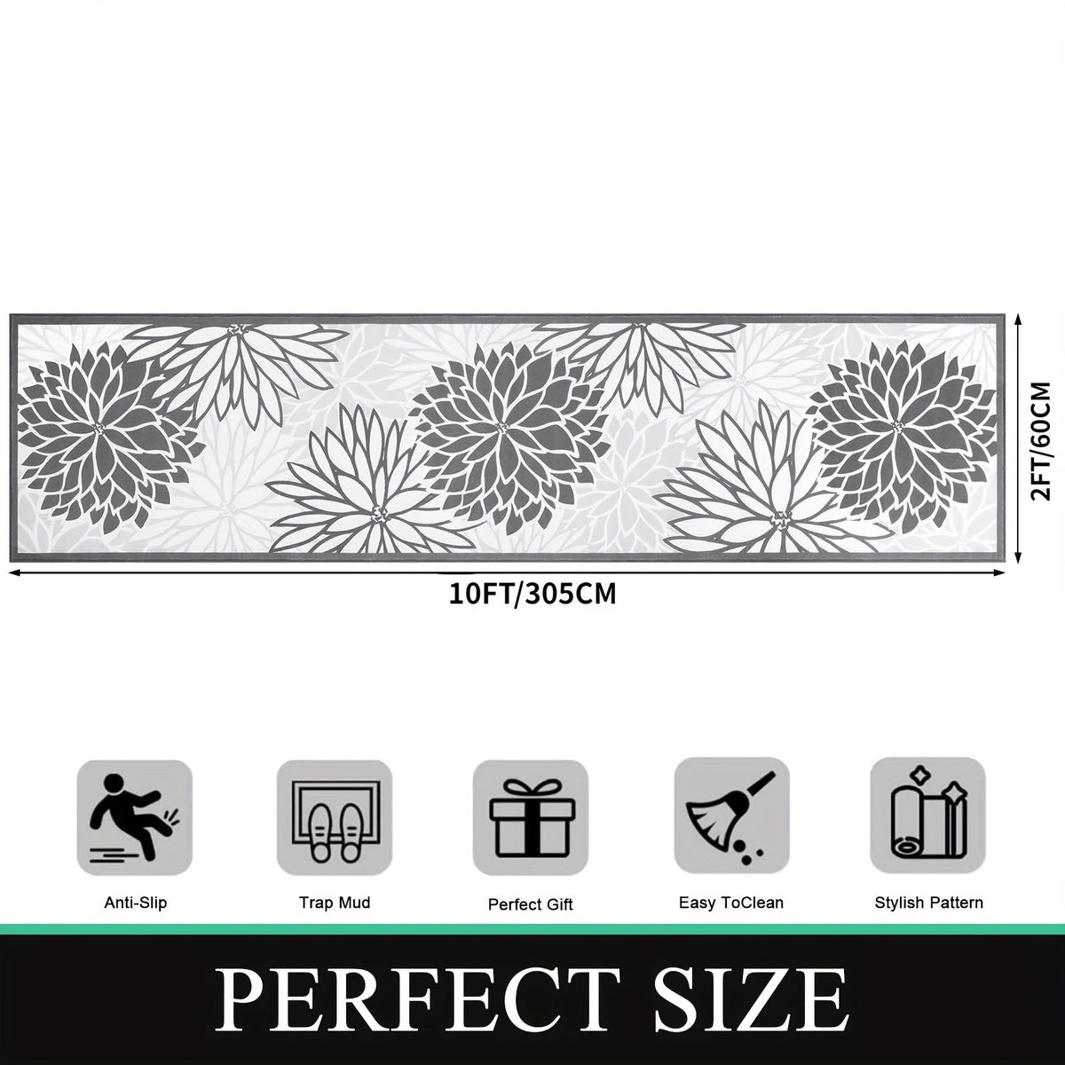 Floral Medallion Runner Rug Non-Slip Machine Washable – Low-Profile Hallway Carpet for Entryway, Laundry Room & Bathroom – Brown & Grey, 2x6, 2x8, 2x10 Ft