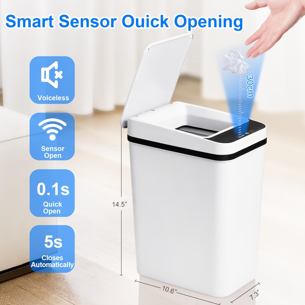 Motion Sensor Trash Can 2-Pack – 2.8 Gallon Touchless Automatic Slim Garbage Can with Auto Lid, Hands-Free Infrared Sensor Waste Basket for Bathroom Bedroom Office | White & Black
