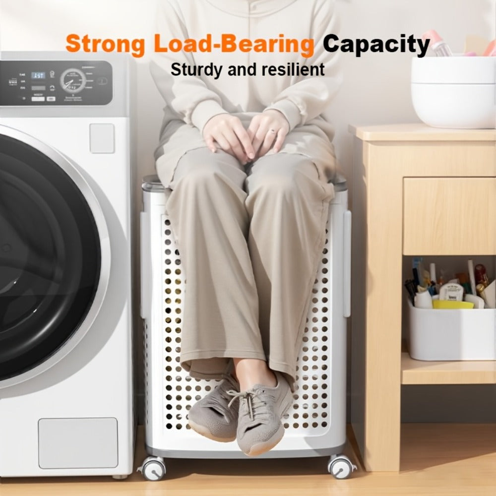 Rolling Laundry Basket with Lid and Wheels – Large Foldable Ventilated Storage Bin with Lockable Casters, Removable Inner Basket for Underwear, Space-Saving Clothes Hamper for Bedroom & Bathroom