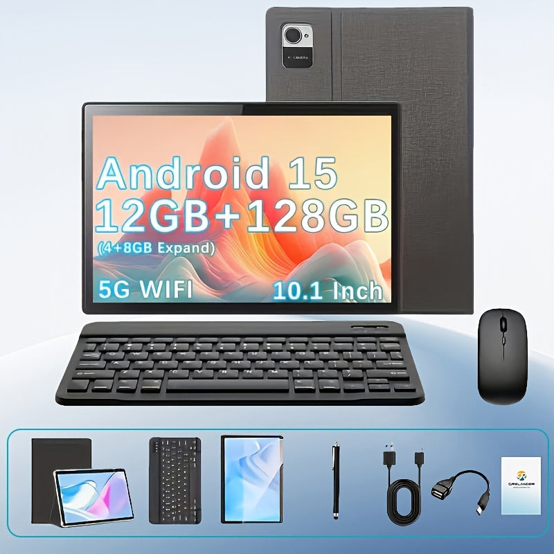 2-in-1 Tablet with Keyboard 10.1 Inch Android 15 12GB RAM 128GB ROM Quad-Core 5G WiFi GMS Certified Type-C 13MP Dual Camera Portable Tablet PC for Work Study – Blue & Gray