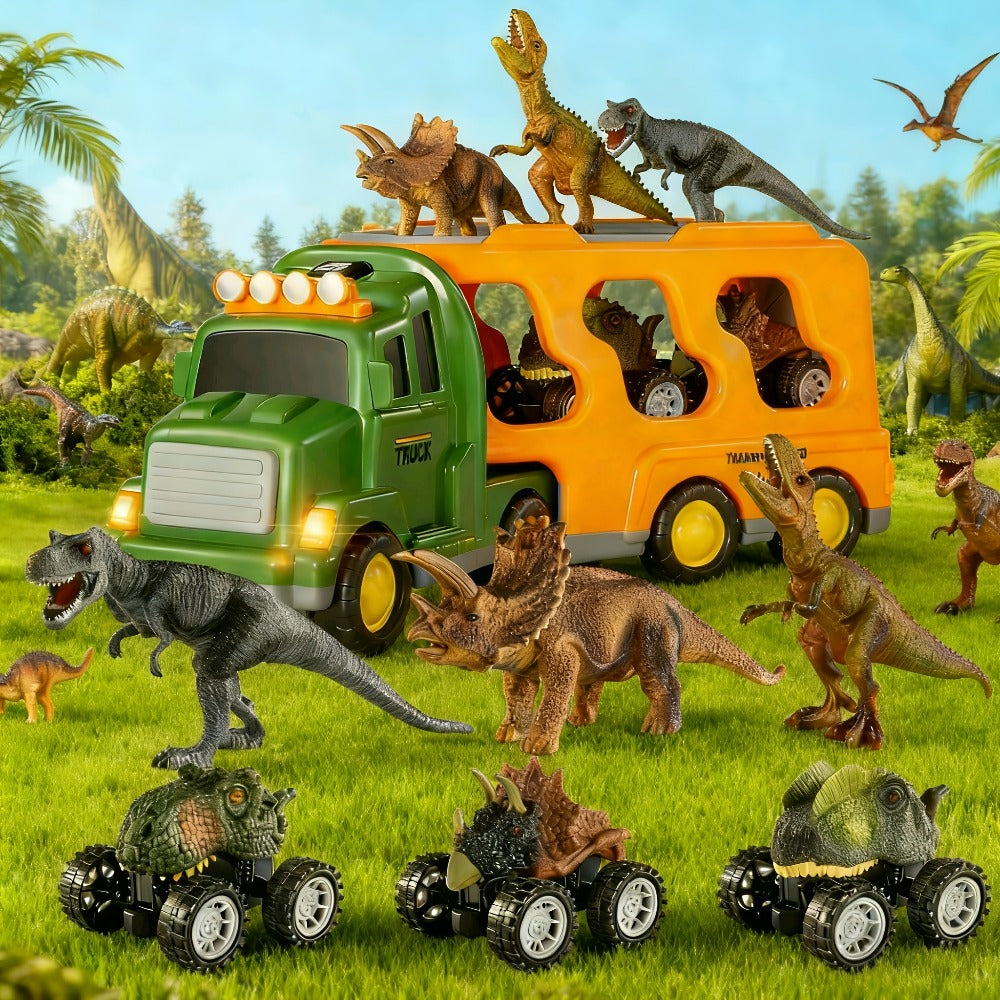 Push-Action Dinosaur Truck Toy 7-in-1 – Dino Monster Truck with 3 Figures, 3 Mini Cars, Lights & Sound