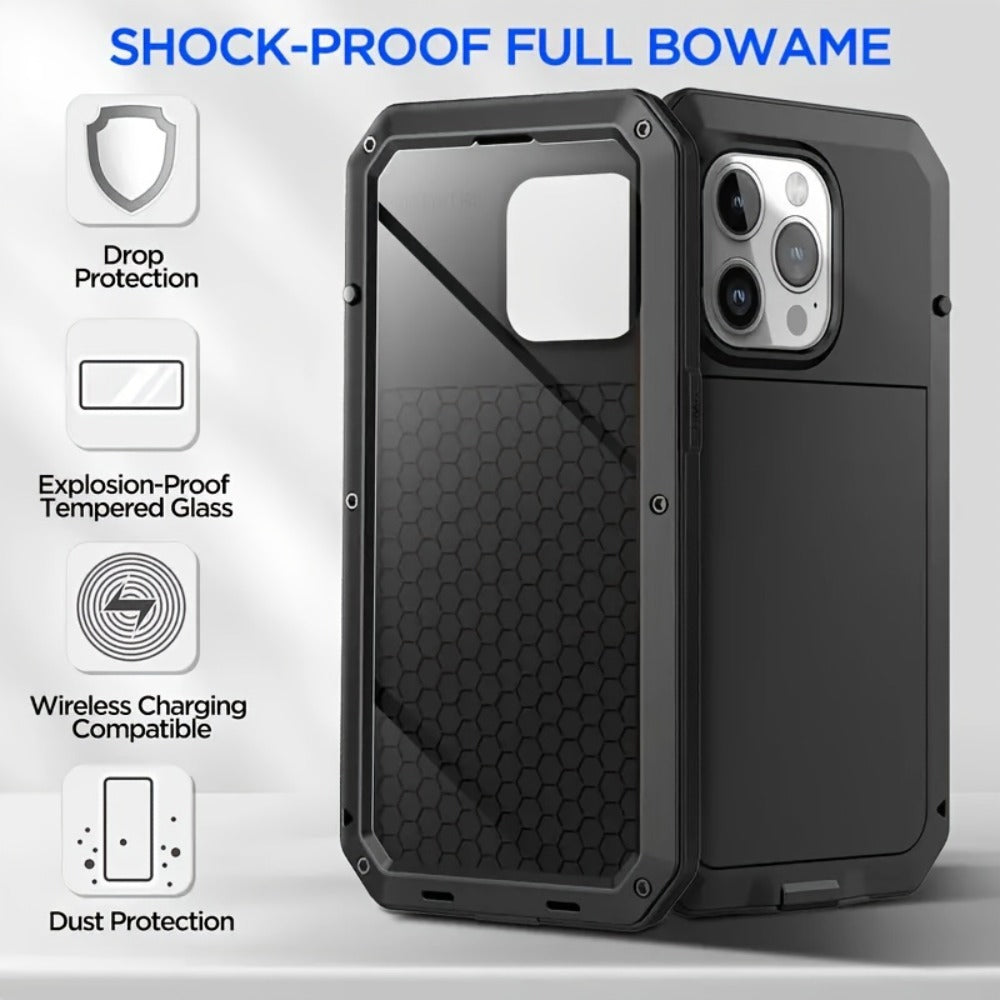 Heavy Duty iPhone Case Metal Frame Built-in Glass Screen Protector Dustproof Shockproof Full Body for iPhone 16 Pro 16 Plus 16 15 Pro Max 15 Pro 15 Plus 14 Pro 13 Pro Max 13 12 11 – Military Grade