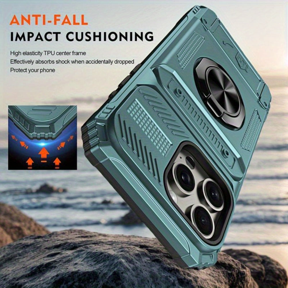 iPhone Card Slot Shockproof Case with Ring Holder & Kickstand – Wallet Phone Cover for iPhone 17 17 Air 17 Pro Max 16 15 14 13 12 11 Pro Max Plus Mini | Heavy Duty Drop Protection