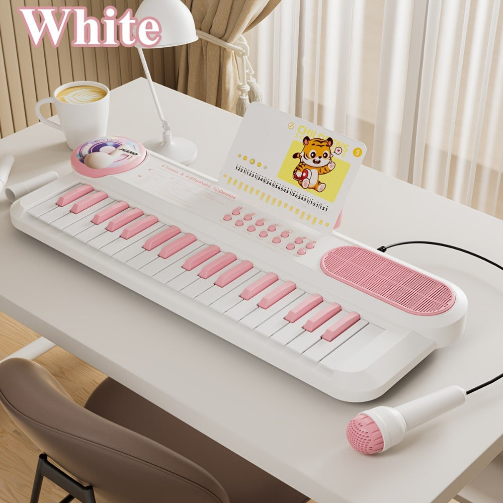 Kids Electronic Keyboard Piano Toy 37-Key White, Multi-Function Beginner Musical Instrument with Microphone, Demo Songs, Rhythms & Lights for Boys Girls Age 3+, USB or AA Battery