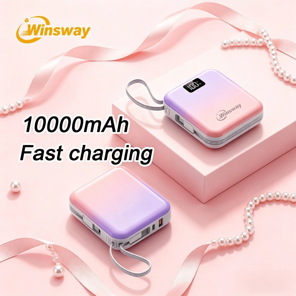 Mini Compact Power Bank 10000mAh Winsway 22.5W Fast Charging – Built-in Dual Cables USB-C & USB-A, Gradient Design, LED Display, Ultra-Lightweight Portable Charger for Travel Boarding Outdoor Gift