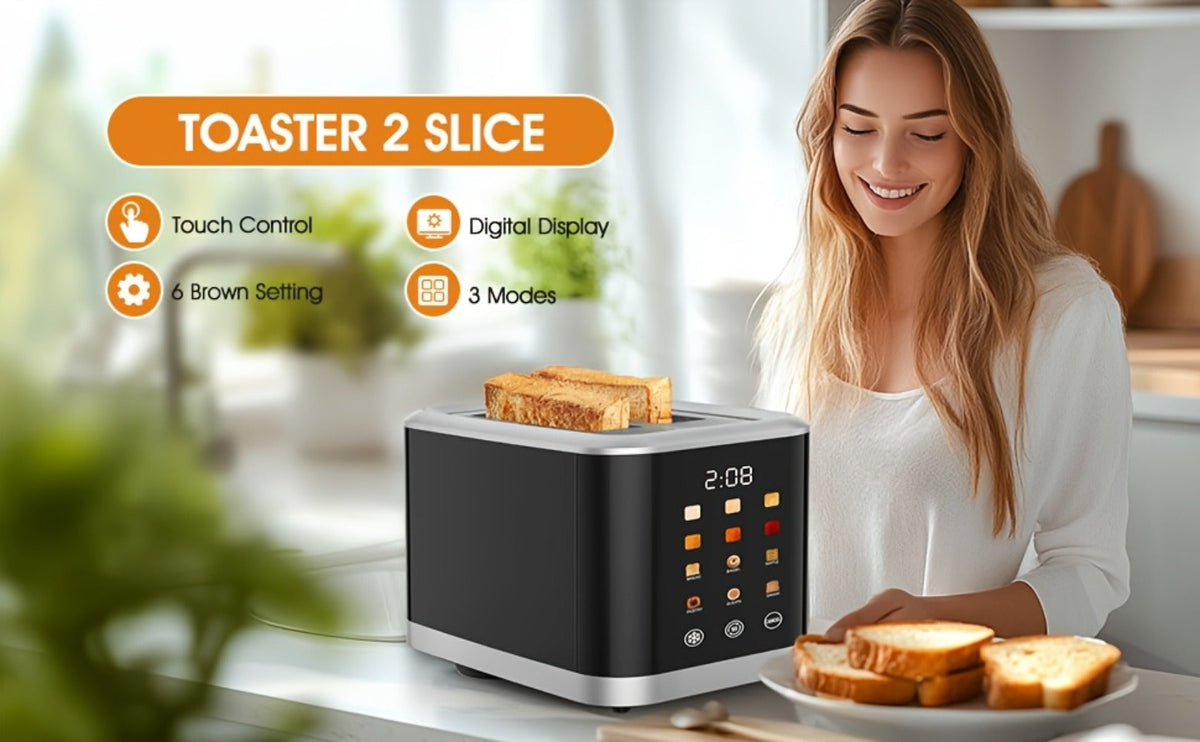 2 Slice Toaster with Touch Screen – 1.5" Wide Slot for Bread, Bagels & English Muffins, 6 Bread Types, 5 Toast Shade Settings, Cancel & Defrost Functions