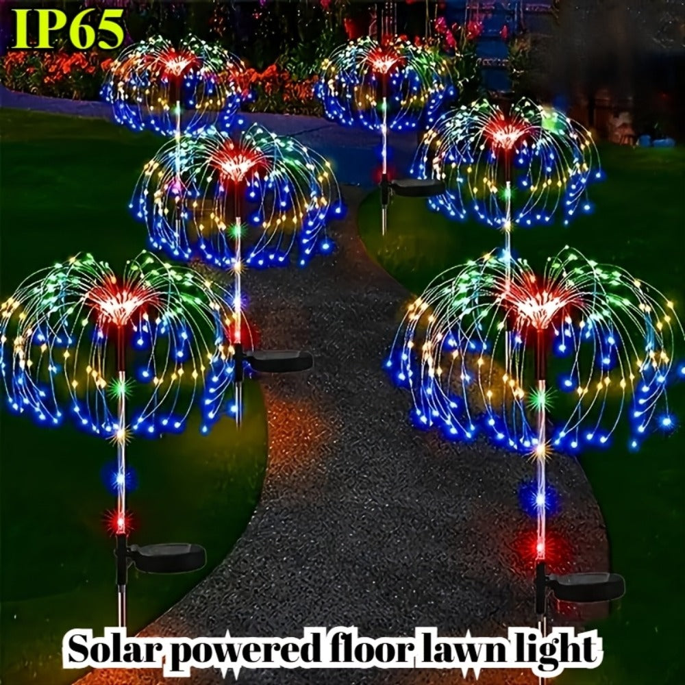 Solar Firework Stake Lights Outdoor 2 Pack - Touch Control Dimmable Starburst Ground Lights Warm White & Colorful 120 to 840 LEDs for Garden Pathway Lawn Party Wedding Christmas Halloween Decoration