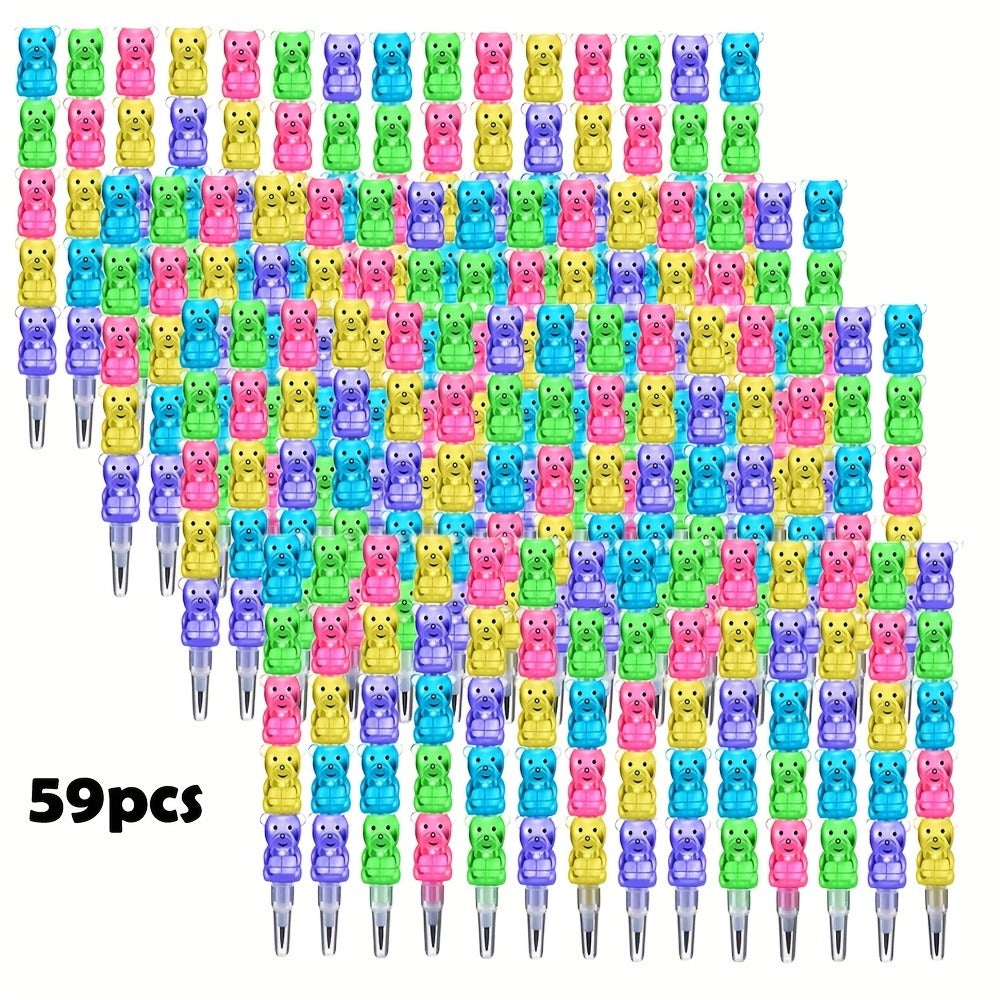 Bear Stackable Pencils 5-in-1 HB 59pcs No Sharpening Needed – Cute Cartoon Multicolor Snap Together Pencil Set Party Favor School Supply Gift for Kids Ages 4+ Birthday Easter Christmas
