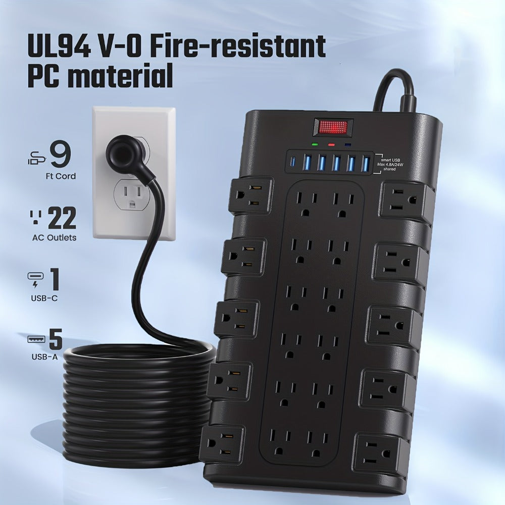 Gaming Room Surge Protector Power Strip 28-in-1 with 22 AC Outlets 6 USB Ports 24W 2100 Joules 1875W 15A Flat Plug Wall Mount Switch 5 7 13ft Extension Cord for Home Office Dorm Gaming Setup – Black