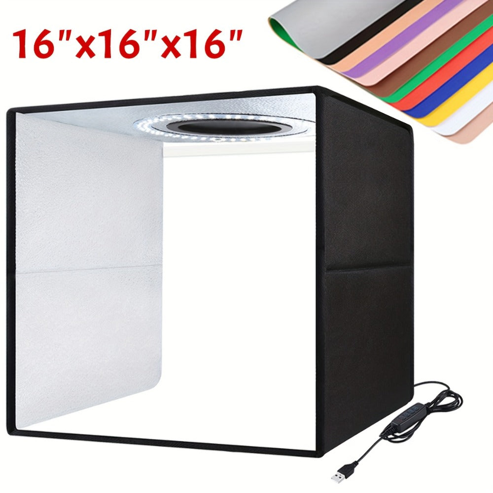 LED Photo Studio Light Box Folding Photography Shooting Tent with 12 Color Backdrops, Portable Product Photography Lightbox for Jewelry Cosmetics Figures, 16x16 & 12x12 Inch