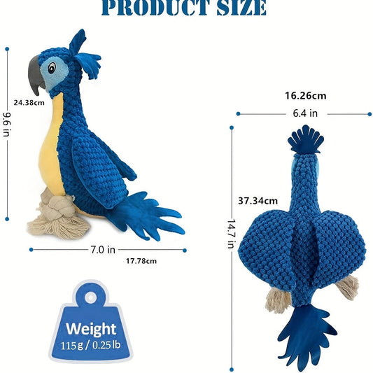 Squeaky Plush Parrot Dog Toy with Cotton Rope for Interactive Play, Blue